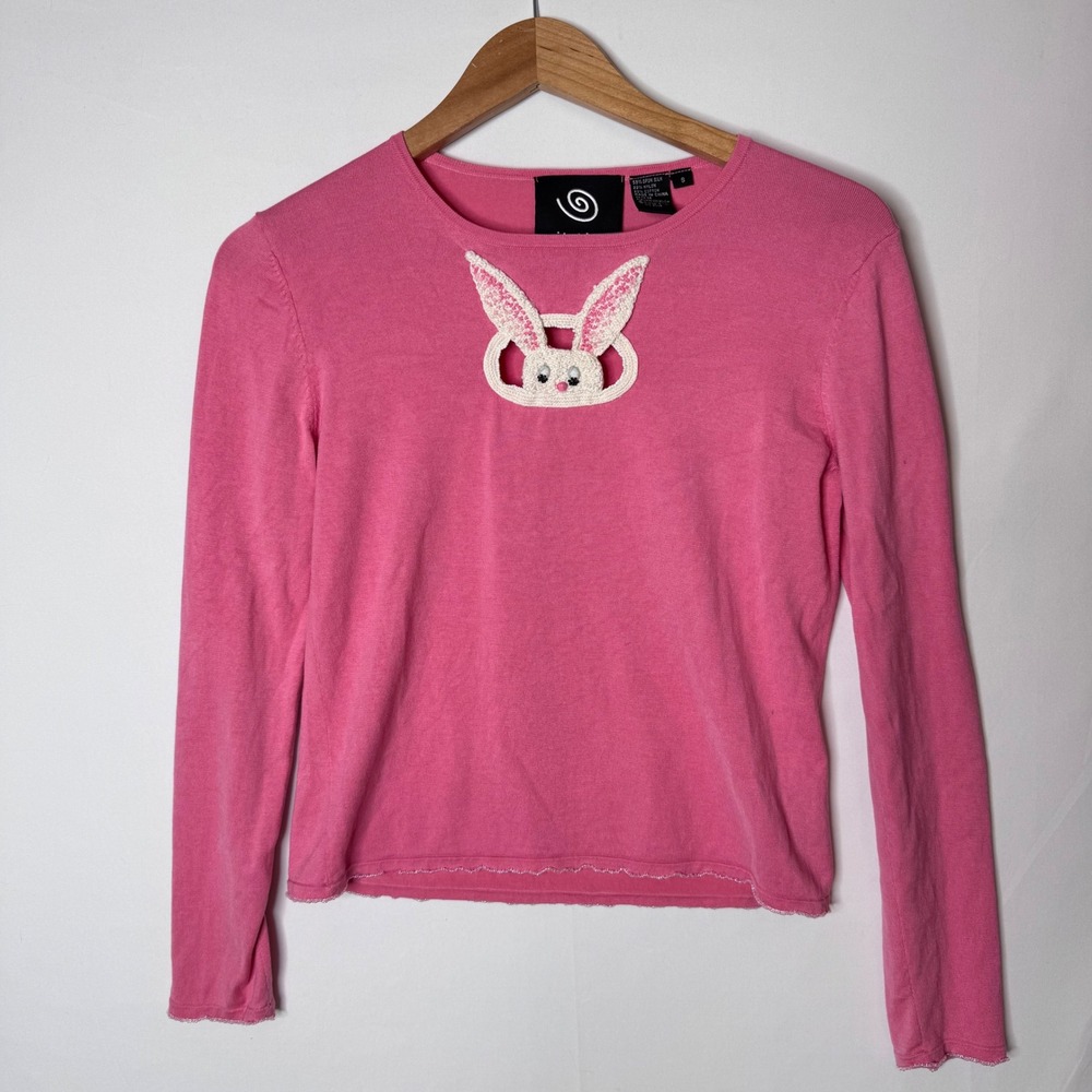 Vtg Michael Simon Sweater S Pink Silk Blend Bunny Rabbit Beaded Easter Y2K READ